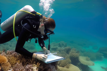 Conservation scientist examining marine life in a coral reef with scuba diving gear onの素材