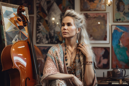 Portrait of a beautiful woman life coach with an artistic and creative vibe, wearing a bohemian dress and a statement necklace, surrounded by artwork and music instrumentsの素材