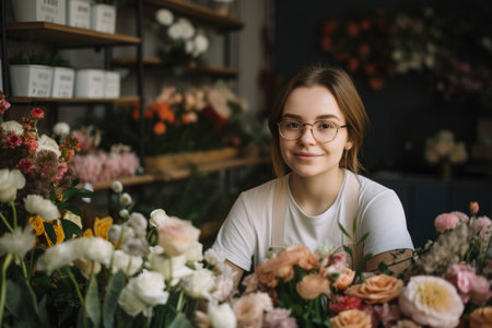 Portrait of a friendly florist smiling and holding a lovely bouquet in her cozy flower shop filled with natural light and plantsの素材