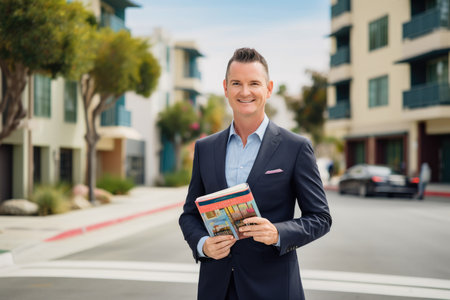 Portrait of a friendly and approachable real estate agent holding a brochure of available properties with a colorful and vibrant city street in the backgroundの素材
