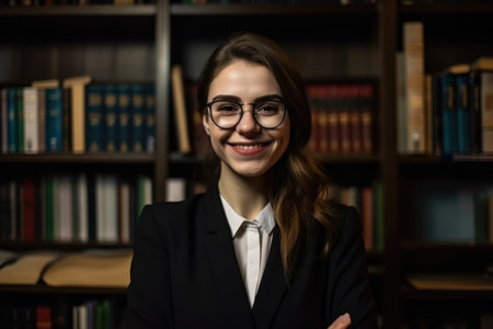 Portrait of a gorgeous woman librarian standing in front of a bookshelf, holding a book with a big smile on her faceの素材