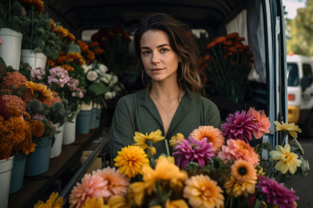 Portrait of a passionate florist holding a beautiful bouquet and standing in front of her flower truck filled with vibrant flowersの素材