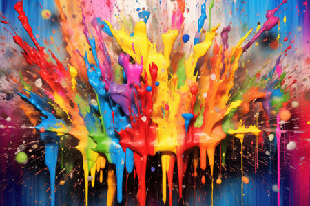 Explosion of vibrant splashes and drips in a rainbow of colors, converging to form a captivating abstract background with a dynamic and energetic feelの素材