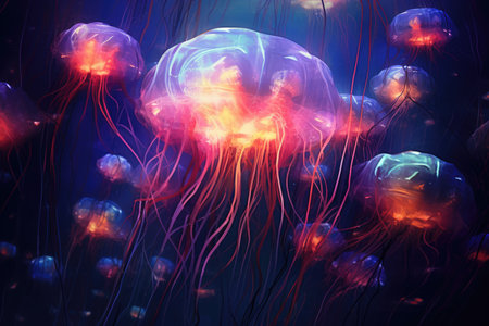 abstract background resembling a surreal underwater realm, with floating jellyfish and bioluminescent organisms, immersing the viewer in an enchanting aquatic experienceの素材