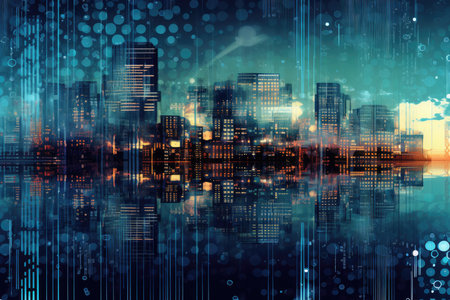 minimalistic abstract background with futuristic cityscape silhouettes and circuitry patterns, symbolizing the convergence of technology and urban environmentsの素材