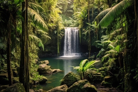 Panoramic view of a cascading waterfall in a lush tropical rainforest, with the water plunging into a crystal-clear pool surrounded by vibrant green foliageの素材