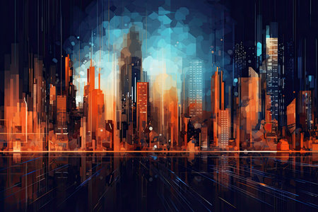 minimalistic abstract background with futuristic cityscape silhouettes and circuitry patterns, symbolizing the convergence of technology and urban environmentsの素材