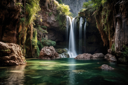 Panoramic shot of a majestic waterfall surrounded by lush vegetation, with water cascading down rugged cliffs into a sparkling pool below, capturing the raw powerの素材