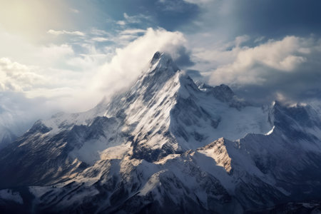 awe-inspiring panoramic shot of a snow-capped mountain peak, piercing the sky with its majestic presence, surrounded by a vast wilderness of untouched beautyの素材