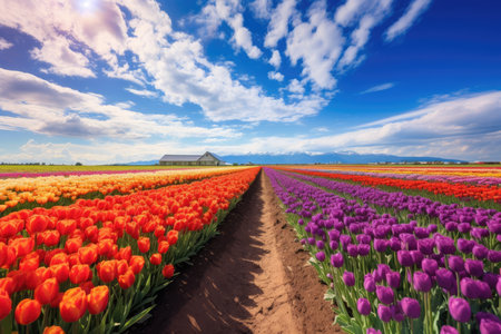 expansive panoramic shot of a vibrant and colorful flower field in full bloom, with rows of blossoming flowers stretching across the landscapeの素材