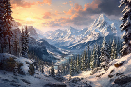 awe-inspiring panoramic shot of a snow-covered mountain range, with towering peaks, deep valleys, and a pristine winter landscape, evoking a sense of grandeur and aweの素材