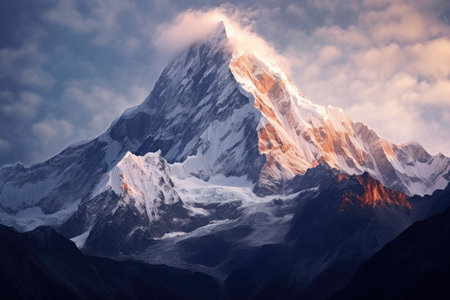 awe-inspiring panoramic shot of a snow-capped mountain peak, piercing the sky with its majestic presence, surrounded by a vast wilderness of untouched beautyの素材
