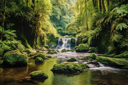 Panoramic view of a tranquil waterfall nestled in a lush rainforest, with cascading water, vibrant greenery, and a serene atmosphere that immerses you in the wonders of natureの素材