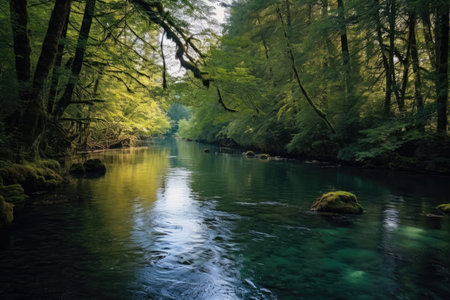 panoramic view of a serene river winding through a lush forest, with tall trees casting reflections on the calm water, and a sense of tranquility that permeates the entire sceneの素材