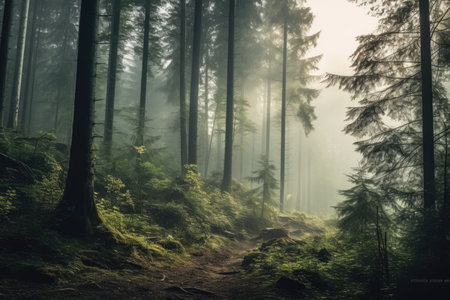 mesmerizing panoramic view of a dense, misty forest, with towering trees enveloped in fog, creating an ethereal and mystical atmosphereの素材