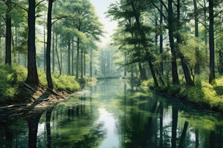 Panoramic view of a tranquil river winding through a lush forest, with tall trees reflecting on the calm water, and a sense of serenity and harmony pervading the entire sceneの素材