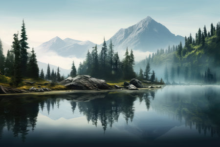 Panoramic view of a serene mountain lake surrounded by lush forests, with mist gently rising from the water's surface, and the reflection of the surrounding nature creatingの素材