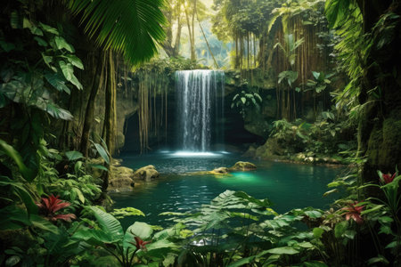 Panoramic view of a cascading waterfall in a lush tropical rainforest, with the water plunging into a crystal-clear pool surrounded by vibrant green foliageの素材