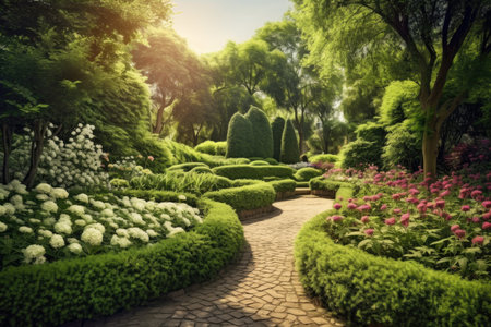 Panoramic view of a lush green garden, with blooming flowers, winding pathways, and manicured hedges, creating a harmonious and enchanting space of natural beautyの素材