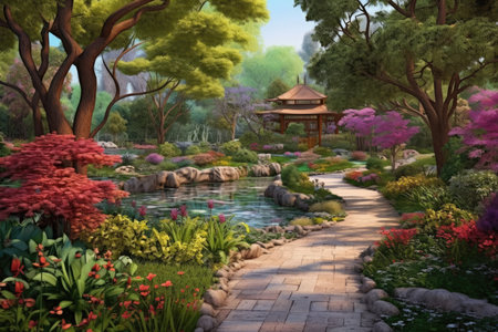 Panoramic view of a tranquil garden, with vibrant blooming flowers, winding pathways, and lush greenery, creating a peaceful and harmonious oasis of natural beautyの素材