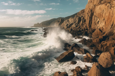stunning panoramic shot of a picturesque coastal cliff, with rugged rock formations, crashing waves, and a vast expanse of ocean, capturing the raw beauty and power of the seasideの素材