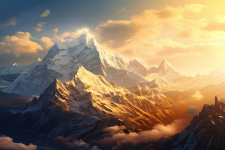 awe-inspiring panoramic shot of a snow-capped mountain peak, piercing the sky with its majestic presence, surrounded by a vast wilderness of untouched beautyの素材