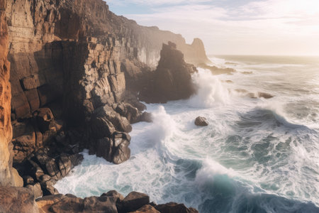 stunning panoramic shot of a picturesque coastal cliff, with rugged rock formations, crashing waves, and a vast expanse of ocean, capturing the raw beauty and power of the seasideの素材