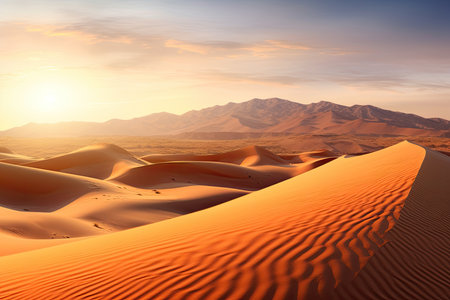 stunning panoramic shot of a vast desert landscape, with undulating sand dunes stretching towards the horizon, bathed in warm sunlight, and an endless expanse of natural beautyの素材