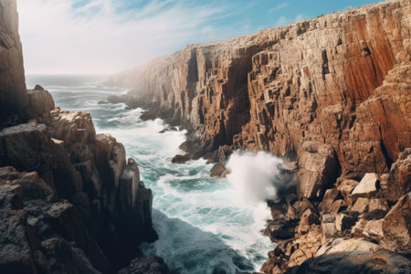 stunning panoramic shot of a picturesque coastal cliff, with rugged rock formations, crashing waves, and a vast expanse of ocean, capturing the raw beauty and power of the seasideの素材