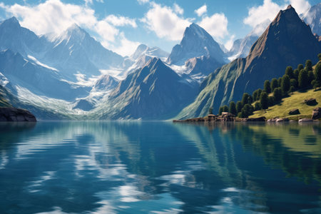 Panoramic view of a serene mountain lake nestled among towering peaks, with clear blue water reflecting the surrounding landscapeの素材