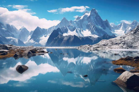 breathtaking panoramic shot of a serene alpine landscape, with snow-capped peaks, pristine glaciers, and a tranquil lake reflecting the majestic mountainsの素材