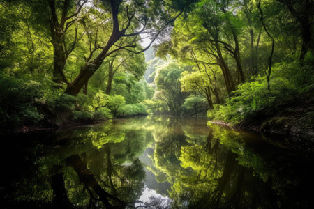 Panoramic view of a tranquil river winding through a lush forest, with tall trees reflecting on the calm water, and a sense of serenity and harmony pervading the entire sceneの素材
