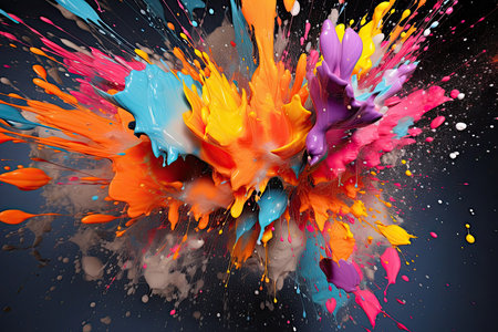 cascade of vibrant paint splatters suspended in mid-air, frozen in a moment of dynamic motion and creativityの素材