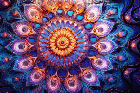 convergence of intricate mandala patterns, radiating from a central point, symbolizing harmony and unityの素材