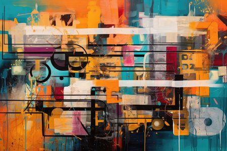 collision of vibrant graffiti tags and abstract symbols, blending urban art with a touch of enigmatic mysteryの素材