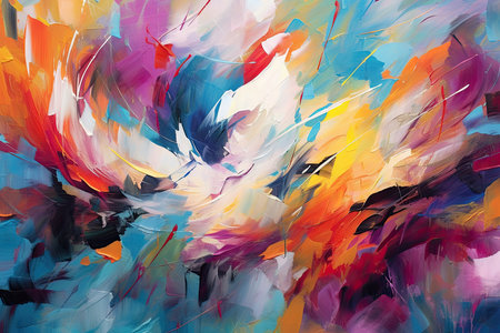 convergence of vibrant brushstrokes and abstract shapes, creating a lively and energetic abstract compositionの素材