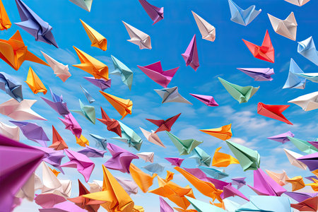 cascade of vibrant paper planes soaring through the sky, representing freedom and boundless imaginationの素材