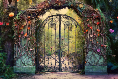 Enchanted Garden Gates: magical panorama of ornate garden gates entwined with colorful vines, leading to a hidden realm of enchantment and natural beautyの素材