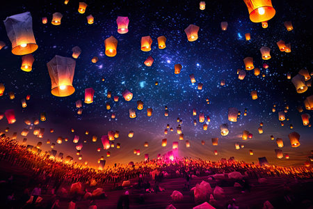Enchanted Sky Lanterns: whimsical panorama of floating sky lanterns, illuminating the night sky with a soft glow and creating a dreamlike ambianceの素材