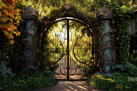 Enchanted Garden Gates: magical panorama of ornate garden gates entwined with colorful vines, leading to a hidden realm of enchantment and natural beautyの素材