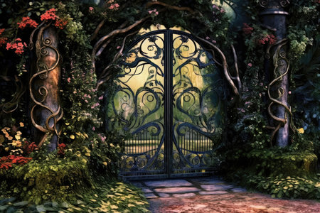 Enchanted Garden Gates: magical panorama of ornate garden gates entwined with colorful vines, leading to a hidden realm of enchantment and natural beautyの素材