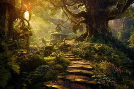 Enchanted Forest Path: captivating panorama of an enchanted forest, with a winding path enveloped in lush foliage, dappled sunlightの素材