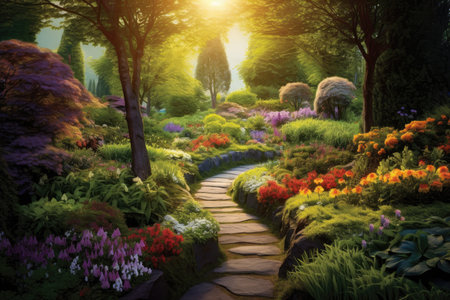 Garden of Delights: picturesque panorama of a bountiful garden bursting with colorful blooms, lush foliage, and a symphony of scentsの素材