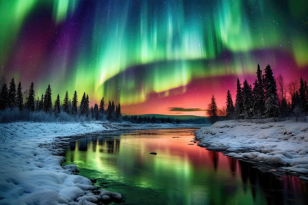 Enchanted Aurora: spellbinding panorama showingcasing the ethereal beauty of the Northern Lights dancing across the night sky in a mesmerizing display of vibrant colorsの素材