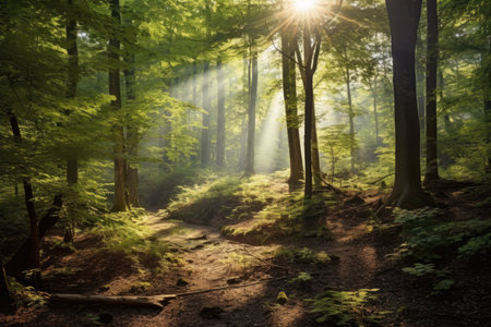 Whispering Woods: serene panorama of a mystical forest with sun rays filtering through the canopy, creating a play of light and shadows amidst an array of vibrant foliageの素材