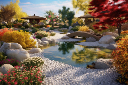 Zen Garden Retreat: serene panorama of a Zen garden, with meticulously raked gravel, tranquil water features, and vibrant bursts of color from carefully placed flowers and foliageの素材