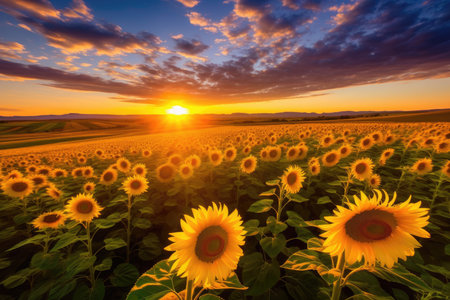 Sunflower Symphony: vibrant panorama of sunflower fields stretching as far as the eye can see, with golden blooms swaying in harmony to the gentle breezeの素材
