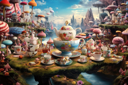 Whimsical Tea Party: whimsical panorama depicting a magical tea party in a surreal setting, with floating teacups, whimsical creatures, and an abundance of colorful treatsの素材