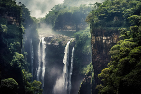 Majestic Waterfalls: majestic panorama featuring towering waterfalls cascading down rocky cliffs, surrounded by lush greenery and misty spray, creating a stunning natural spectacleの素材