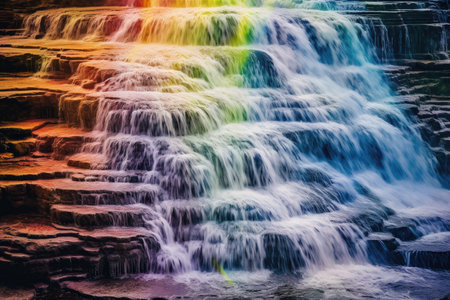 Rainbow Cascade: dazzling panorama capturing a cascading waterfall adorned with a vibrant rainbow, creating a mesmerizing display of colors and movementの素材